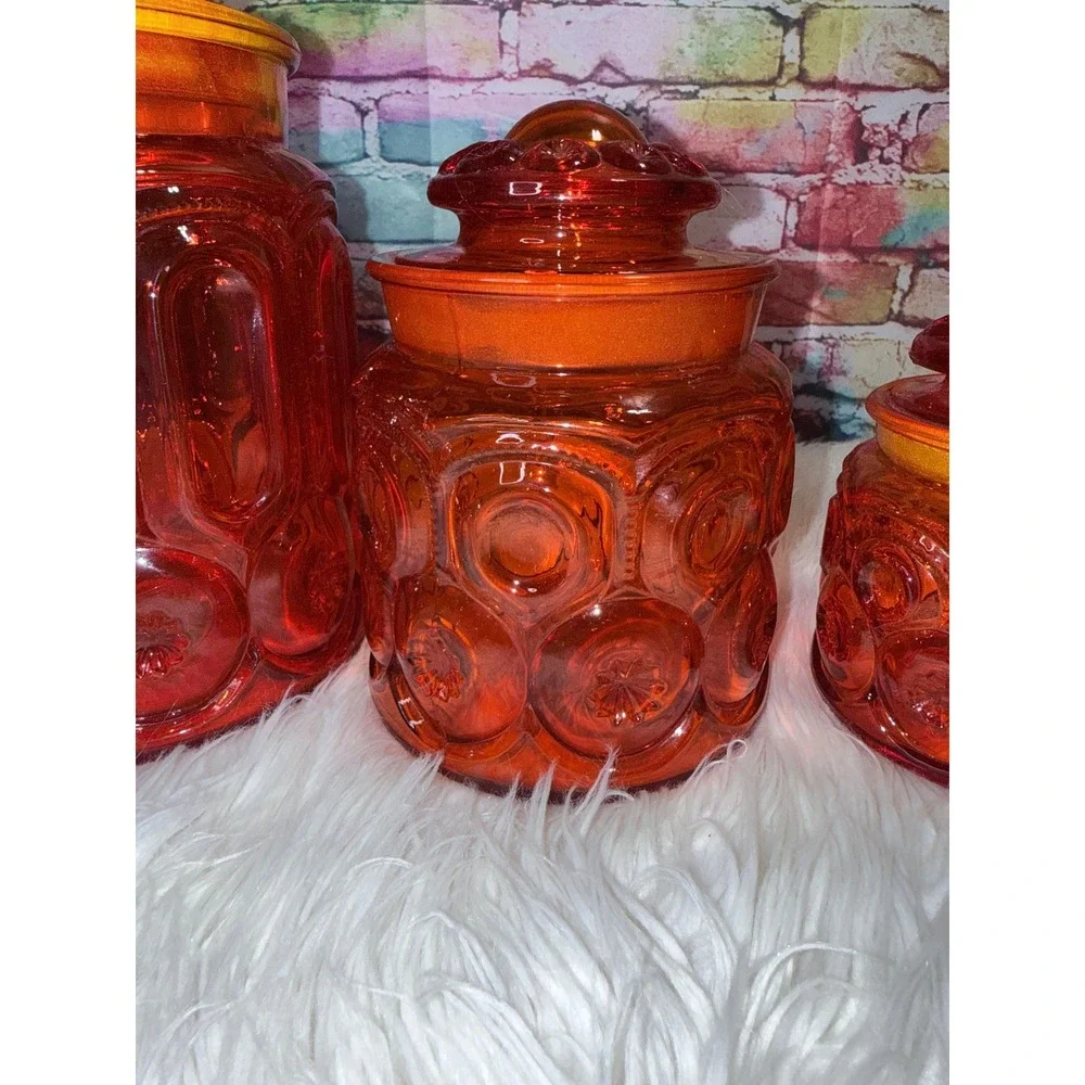 Vintage LE Smith Moon and Star Amberina Red UV Reactive Glass Canister Set 4pc
